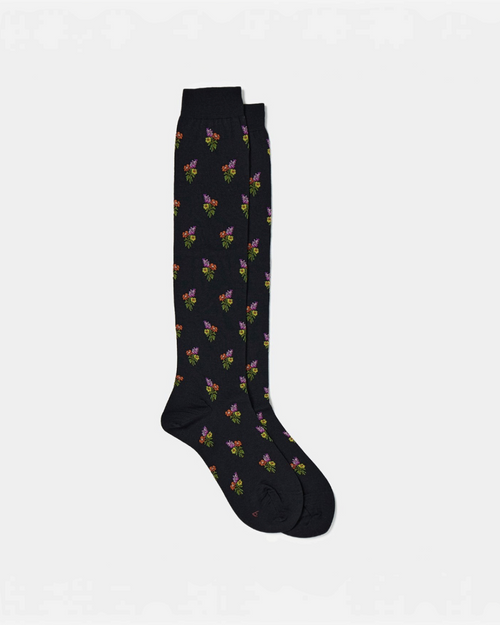 High socks Merci Paris Babaco in black wool with floral pattern of small colorful bouquets