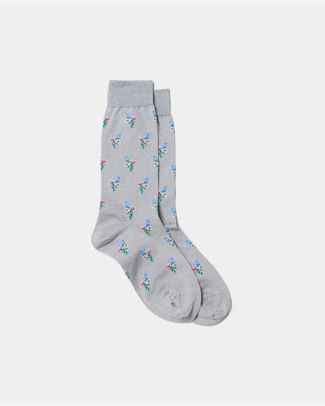 Chaussettes Merci Paris Babaco grises en maille lurex avec motif de petits bouquets de fleurs colorés