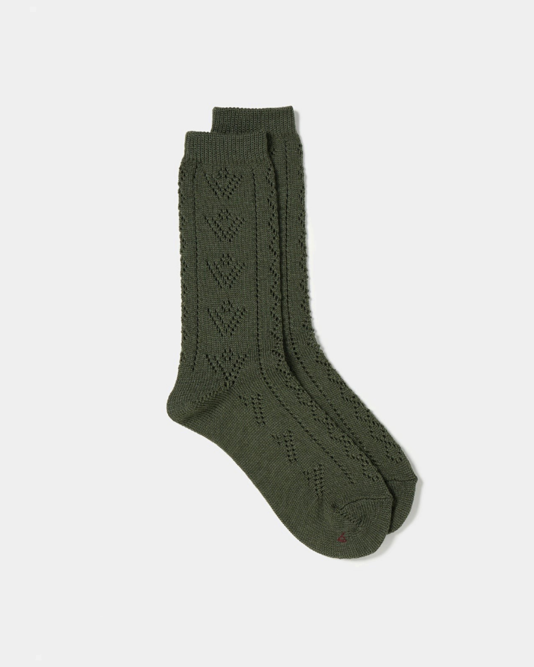Socks Merci Paris Babaco in olive green wool mesh with delicate eyelet pattern, made in Japan
