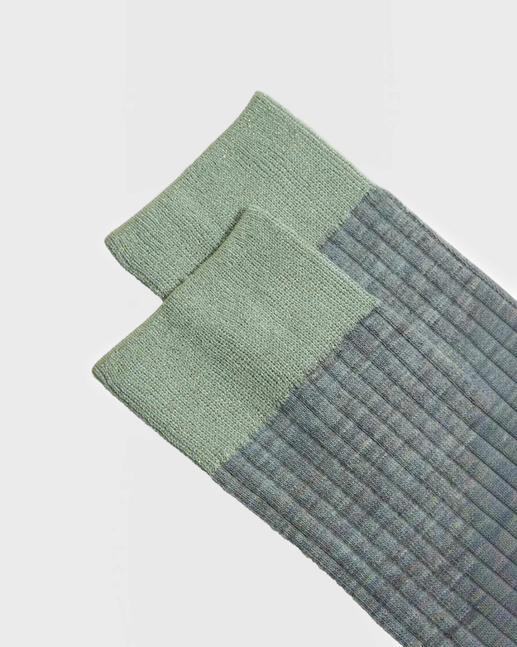 Chaussettes longues Merci Paris Ant45 en laine grise et verte avec bordure contrastante en lurex brillant
