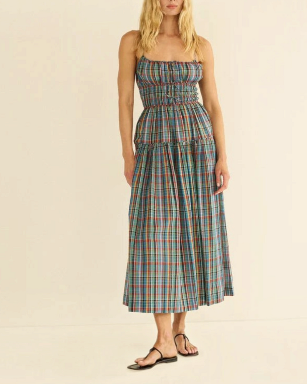 MIDI dress Merci Paris Dôen Brielle in organic cotton bleu checked with thin straps and elasticated bust