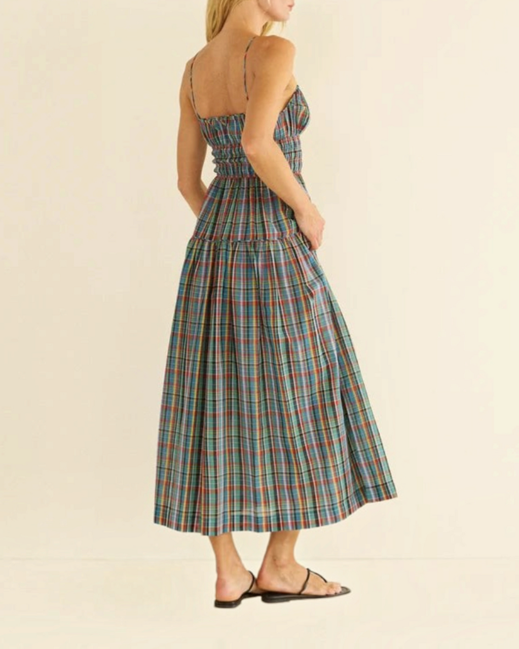 Midi dress Merci Paris Dôen Brielle in organic cotton bleu checked with thin straps and flowing skirt