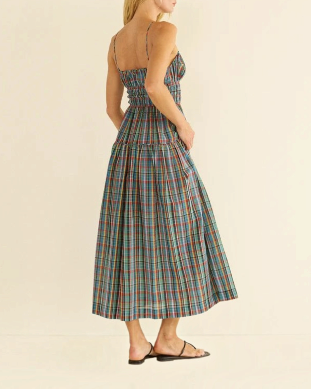 Midi dress Merci Paris Dôen Brielle in organic cotton bleu checked with thin straps and flowing skirt
