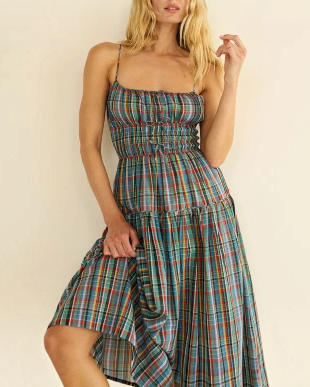 MIDI dress Merci Paris Dôen in organic cotton bleu checked with bust elasticated and thin straps