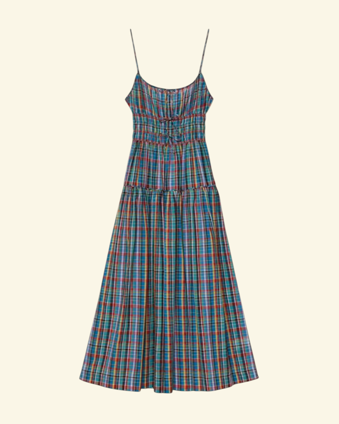MIDI dress Merci Paris Dôen Brielle in organic cotton bleu checked with thin straps and elasticated bust