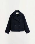 Short jacket Merci Paris Skall Studio Brooke bleu navy jacket in recycled wool with double breasted and lapel collar