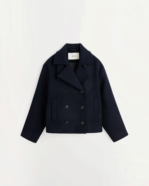 Veste courte Merci Paris Skall Studio Brooke bleu marine en laine recyclée avec double boutonnage et col à revers