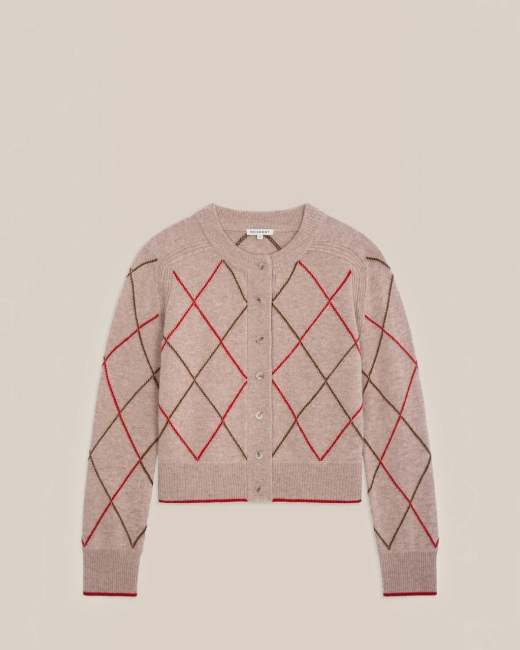 Gilet Auguste Moismont en laine mérinos beige à motif losanges argyle rouge et marron, fermeture boutonnée Merci Paris