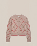 Gilet Auguste Moismont en laine mérinos beige à motif losanges argyle rouge et marron, fermeture boutonnée Merci Paris