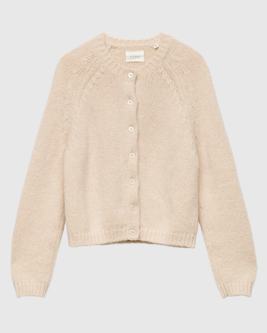 Beige Darcy cardigan Merci Paris in merino wool and cashmere with round neck and shell buttons
