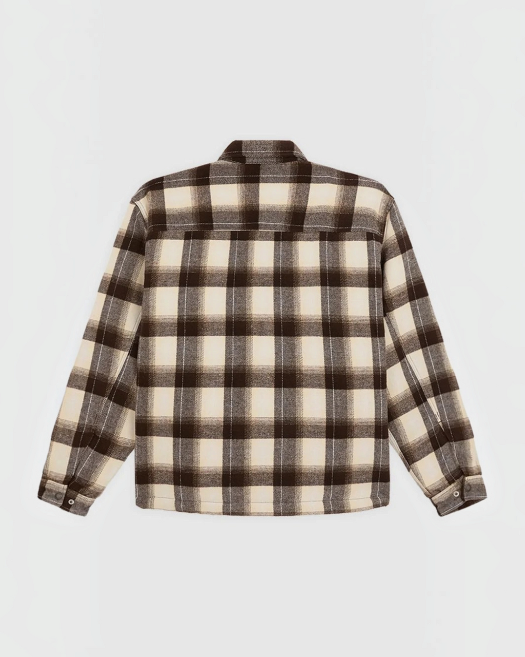Rear view of the Merci Paris Dickies shirt jacket in brown and beige cotton flannel with oversize checks