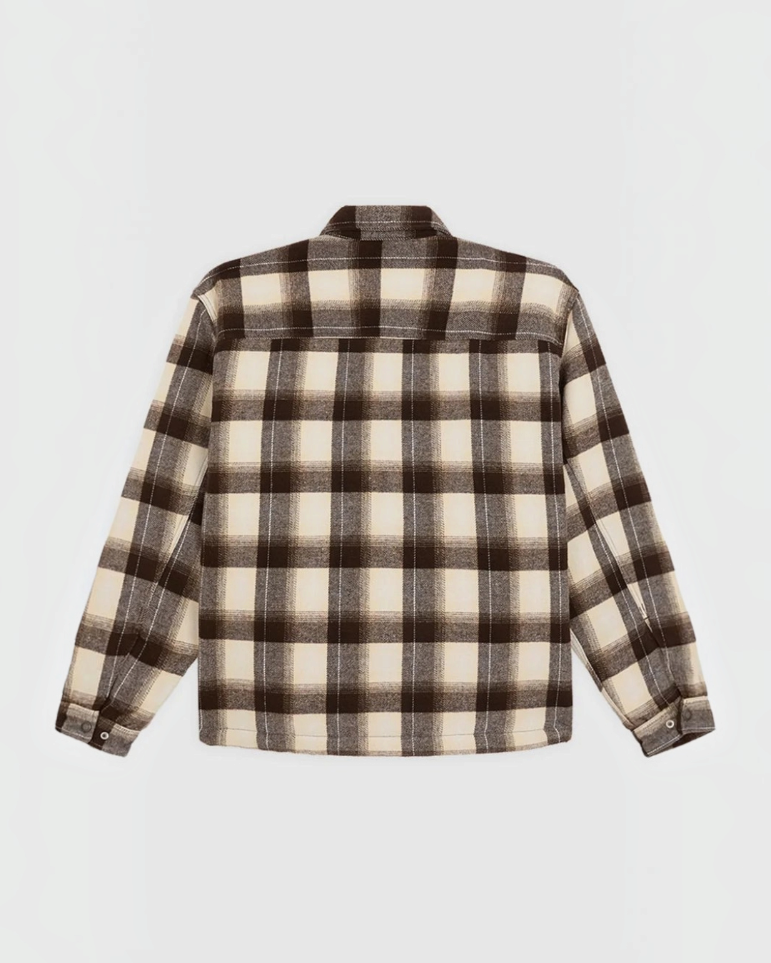 Rear view of the Merci Paris Dickies shirt jacket in brown and beige cotton flannel with oversize checks
