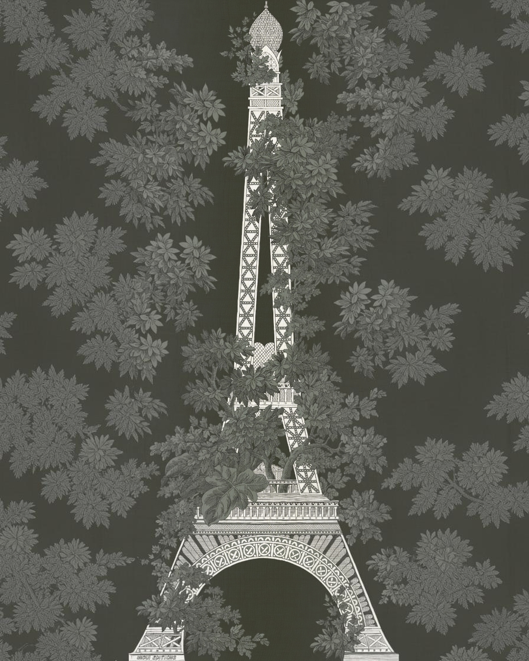 Echarpe Merci Paris Inoui Editions 100% laine kaki avec motif tour Eiffel et feuillage style toile de Jouy