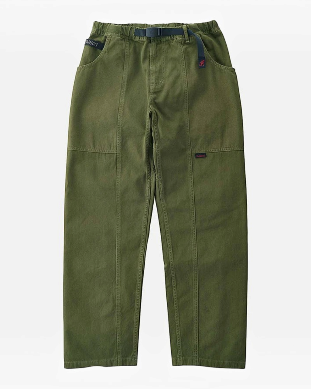 Pantalon Gadget Gramicci olive en sergé de coton biologique avec ceinture ajustable, vendu par Merci Paris