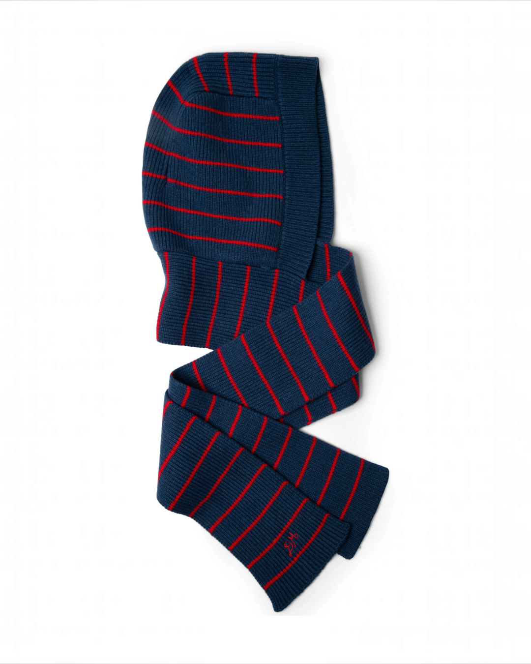 Écharpe à capuche Damson Madder en laine mérinos douce avec rayures bleu marine et rouge
