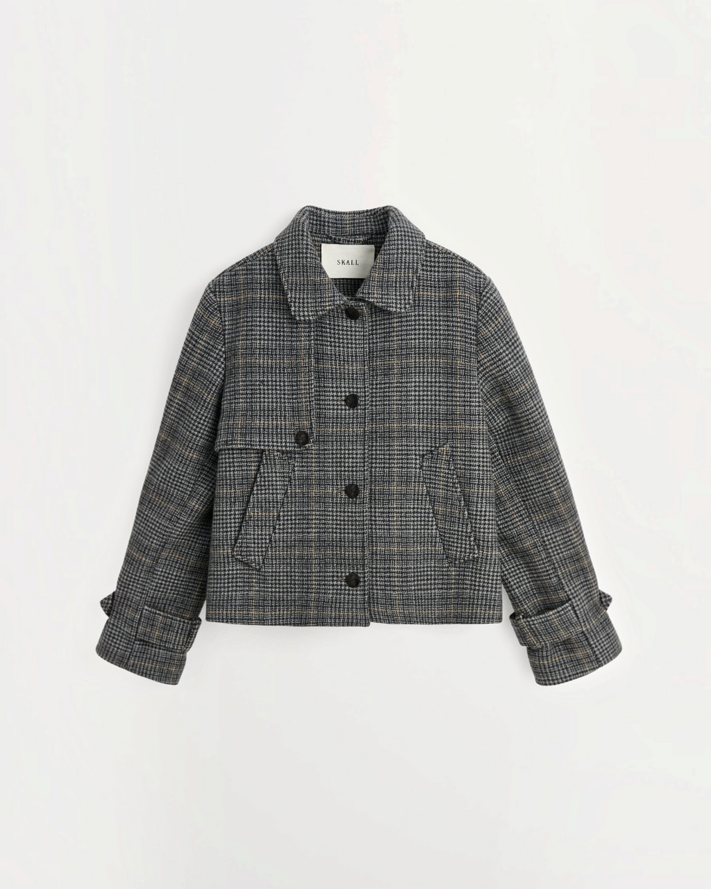Short jacket Merci Paris Skall Studio Harriet in gray recycled wool with check pattern, classic collar and buttons