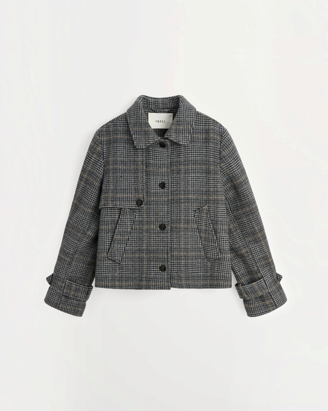 Short jacket Merci Paris Skall Studio Harriet in gray recycled wool with check pattern, classic collar and buttons