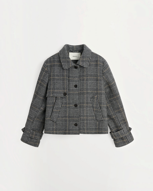 Veste courte Merci Paris Skall Studio Harriet en laine recyclée grise à motif carreaux, col classique et boutons