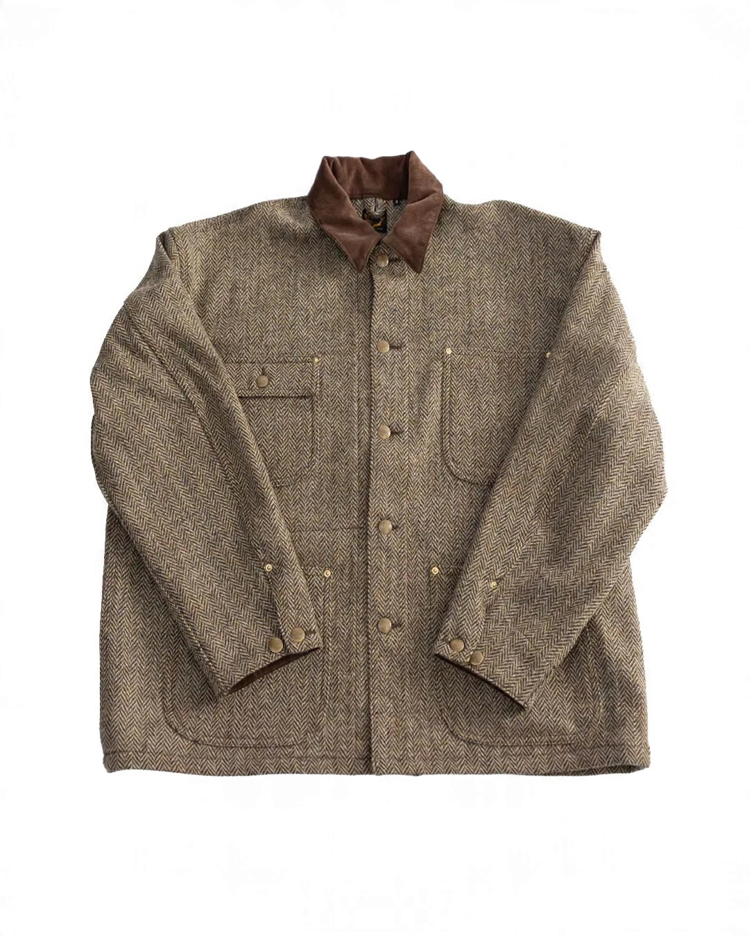 Veste de travail Merci Paris OrSlow en laine Harris Tweed kaki à chevrons avec col en velours côtelé marron.