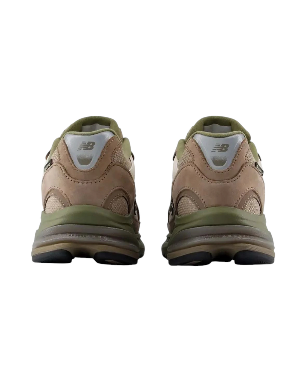 Vue arrière des baskets Merci Paris New Balance Abzorb 2010X en nubuck et mesh beige et vert avec détails réfléchissants
