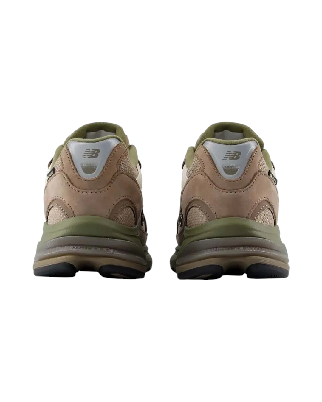 Vue arrière des baskets Merci Paris New Balance Abzorb 2010X en nubuck et mesh beige et vert avec détails réfléchissants