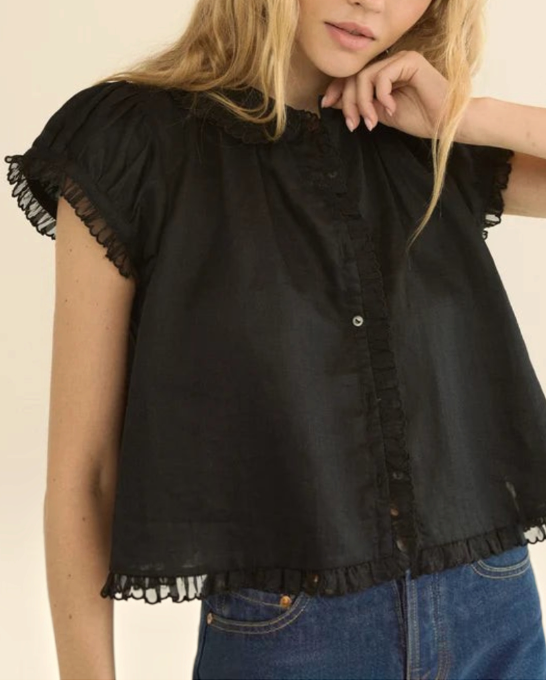 Black Karina blouse Merci Paris in ramie with scalloped collar, puff sleeves and organza details