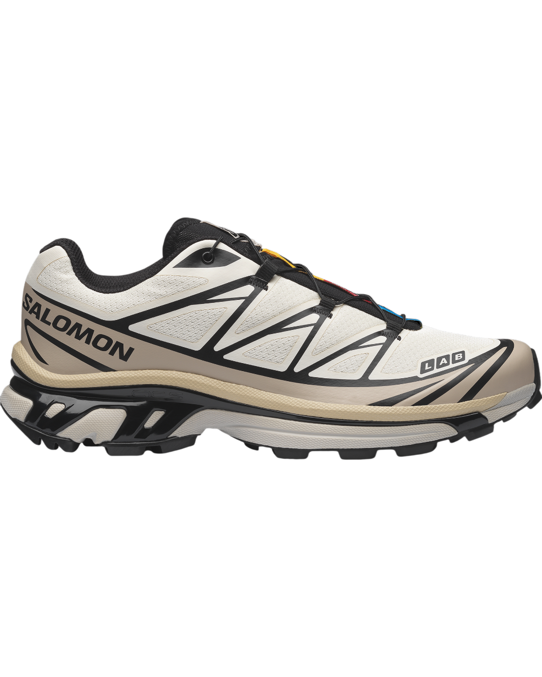 Baskets Salomon XT6 Merci Paris coloris Vanilla Ice, noir et argent, design technique inspiré du trail running
