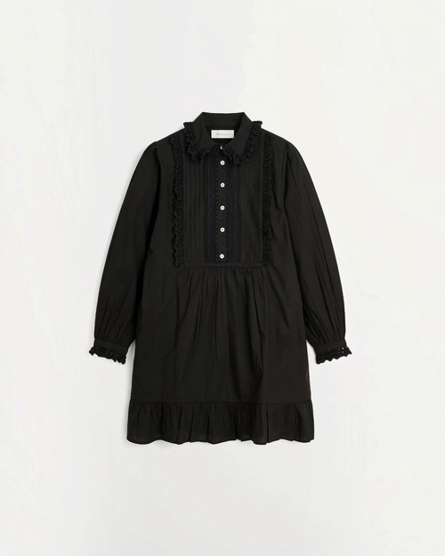 Short black dress Merci Paris Skall Studio in organic cotton with ruffled collar, puff sleeves and lace details