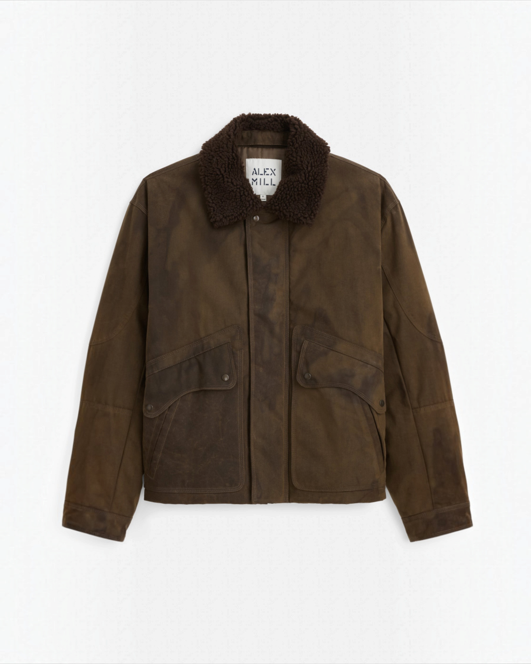 Blouson Smith Merci Paris par Alex Mill en toile de coton cirée marron avec col en sherpa amovible