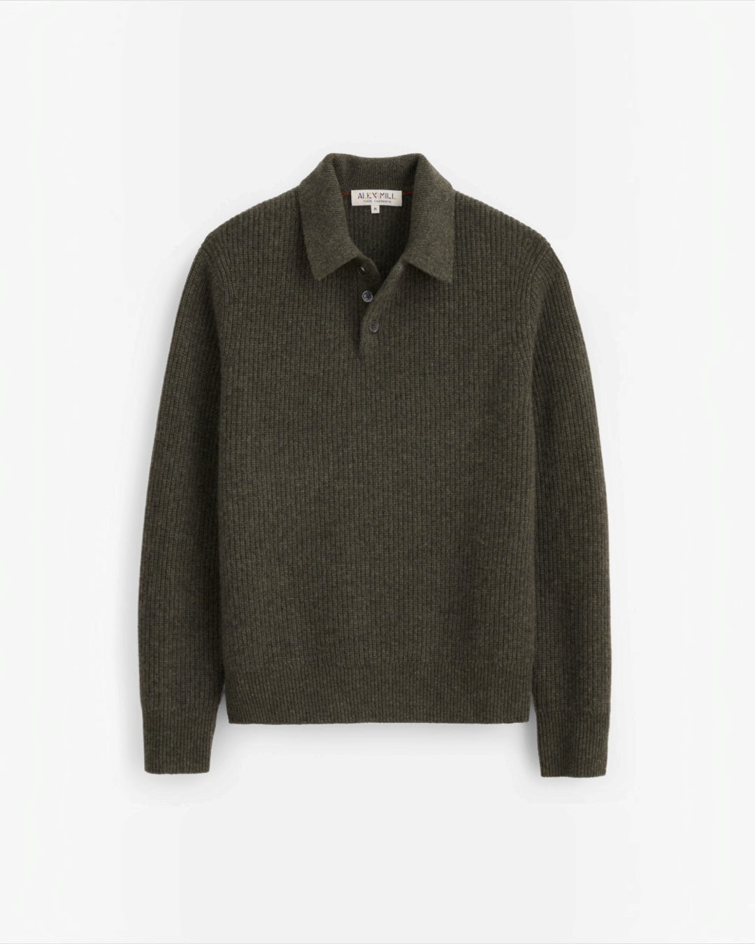 Pull polo Merci Paris Alex Mill en cachemire lavé couleur olive chiné avec patte de boutonnage