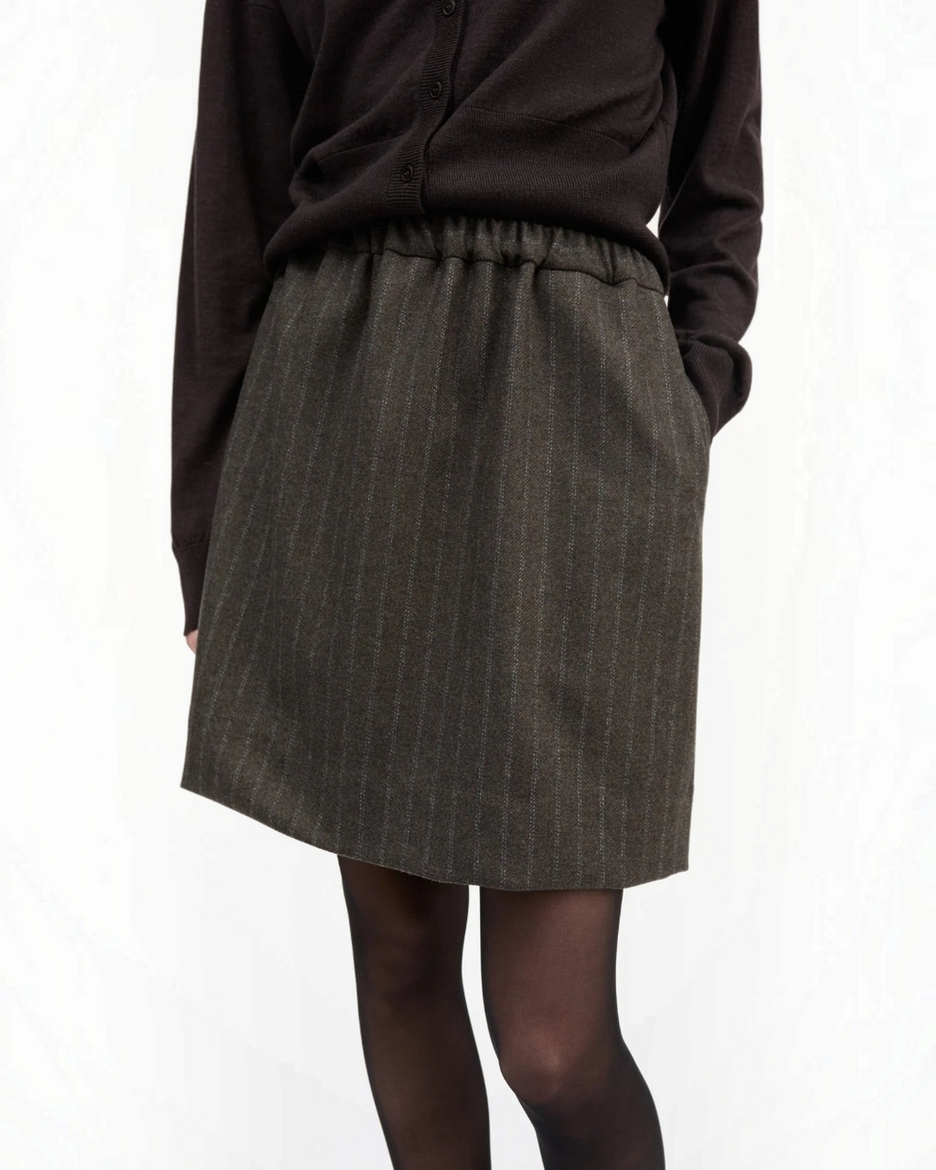 Short skirt Merci Paris Skall Studio in brown recycled wool with fine black stripes with elasticated waist