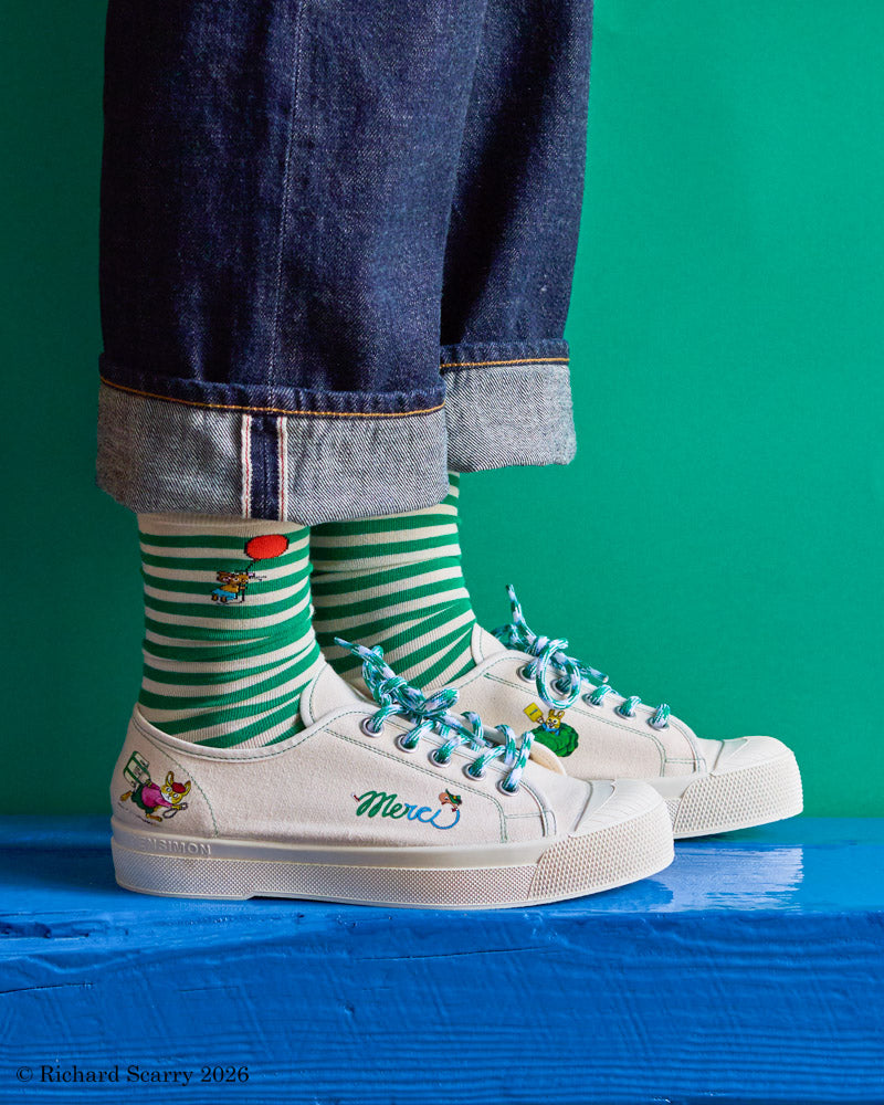 Merci x Richard Scarry - Mouse Socks - Green Stripes