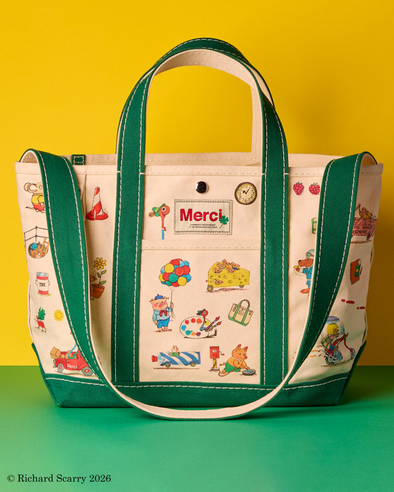 Merci x Richard Scarry - Candide shopping bag on canvas - Green