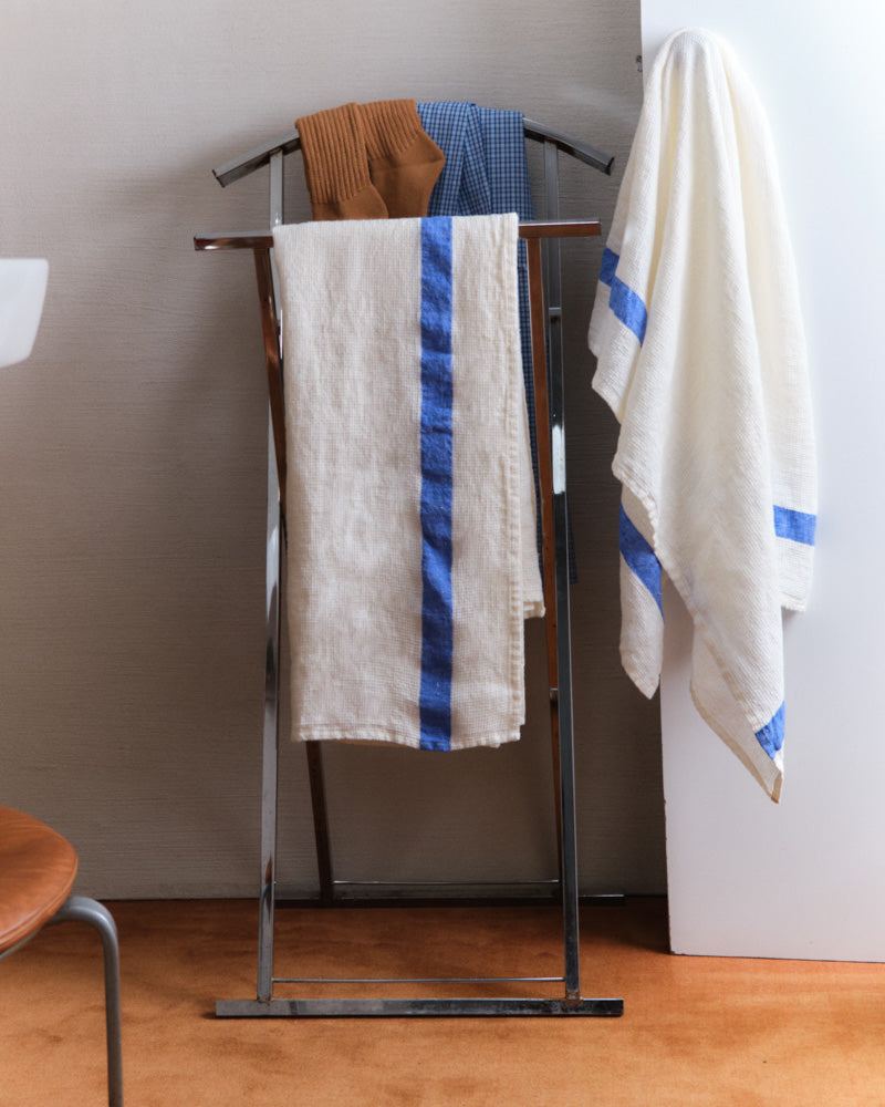 Merci - Serviette De Bain En Lin Nid D'Abeille - Bande Bleu Cobalt 60