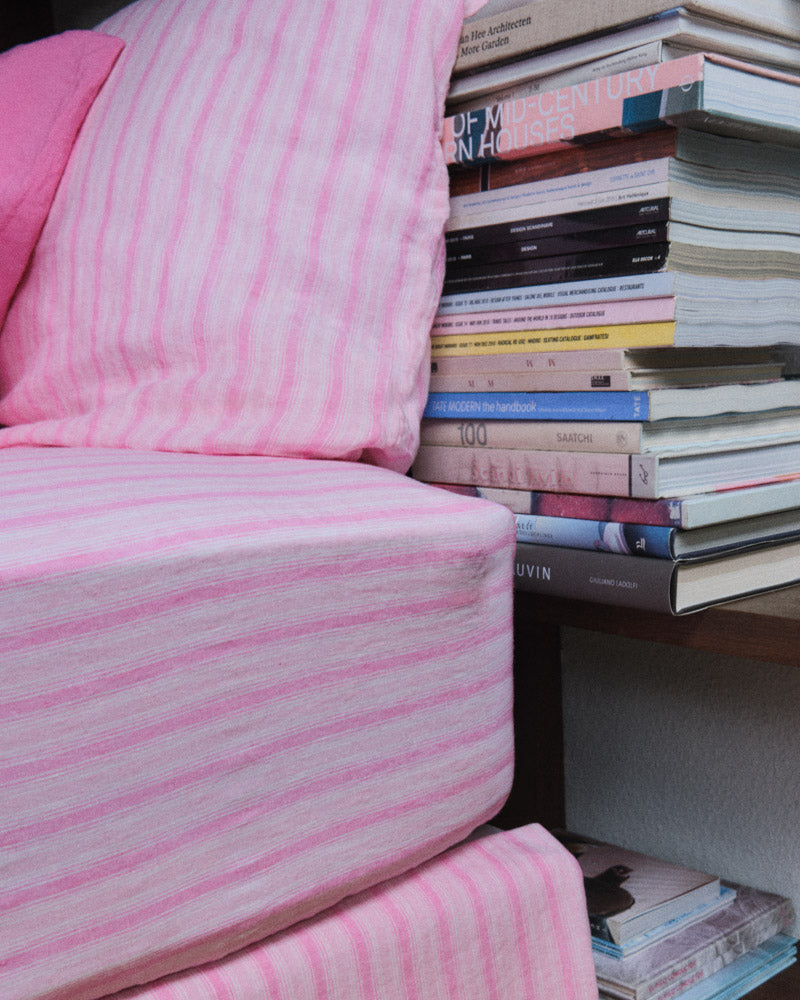 Merci - Drap Housse En Lin Lavé - Rayures Trame Rose