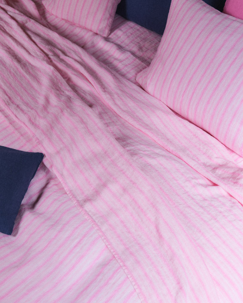 Merci - Washed linen flat sheet - Pink Weft Stripes