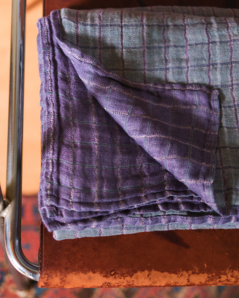 Merci - Plaid Réversible En Lin Lavé - Carreaux Violet & Vert
