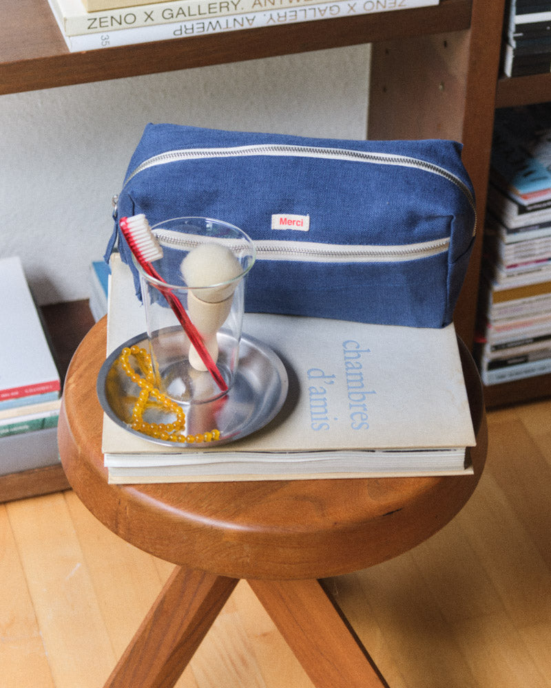 Merci - Trousse De Toilette En Lin Lavé - Bleu Pacifique