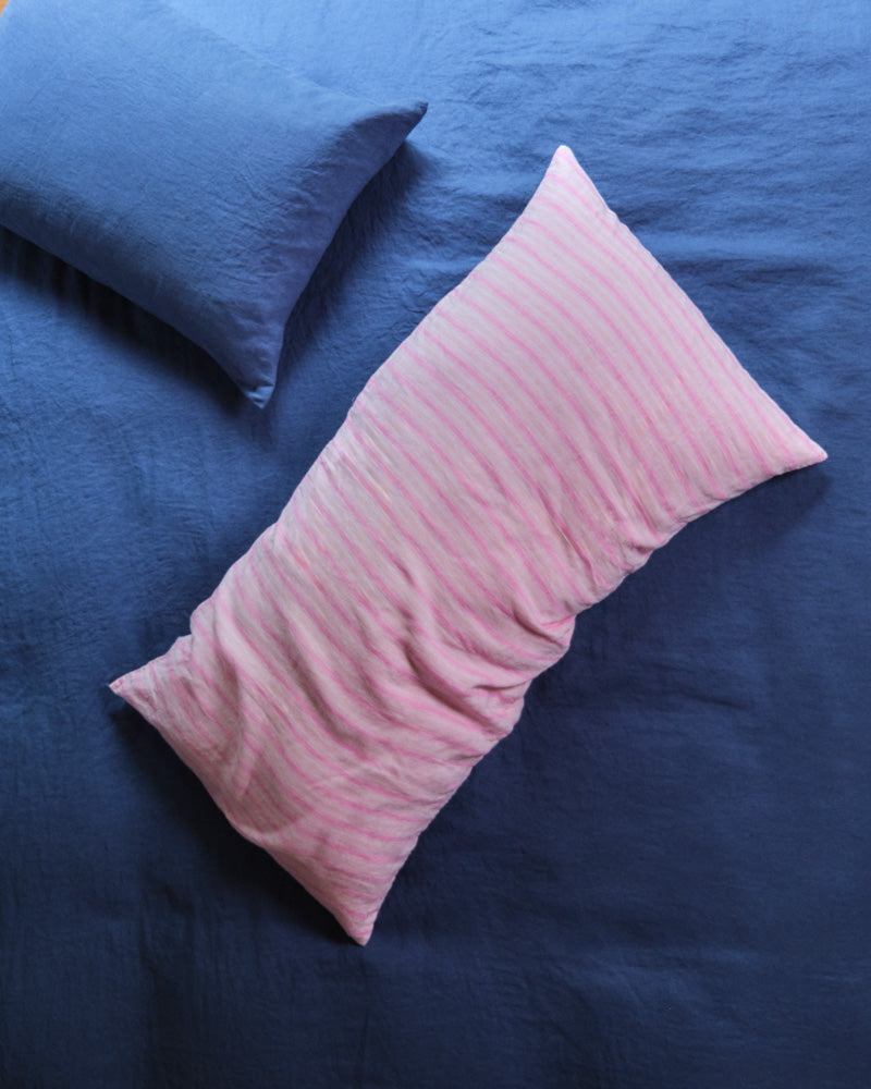 Merci - Coussin Rectangle En Lin Lavé - Rayures Trame Rose