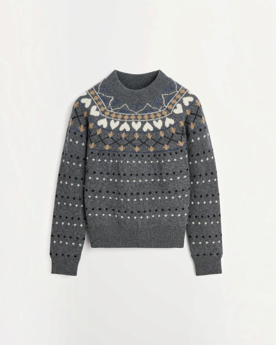 Pull Merci Paris Skall Studio Misty en laine mérinos recyclée grise avec motif jacquard et finitions côtelées