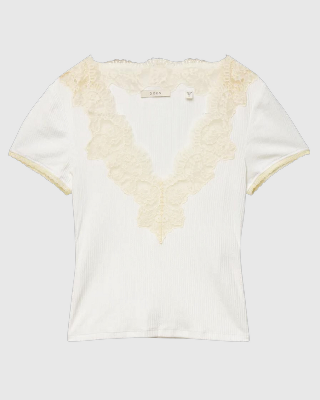 White Nalia T-shirt Merci Paris in ribbed organic cotton with deep V-neck and cream lace details