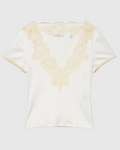 White Nalia T-shirt Merci Paris in ribbed organic cotton with deep V-neck and cream lace details