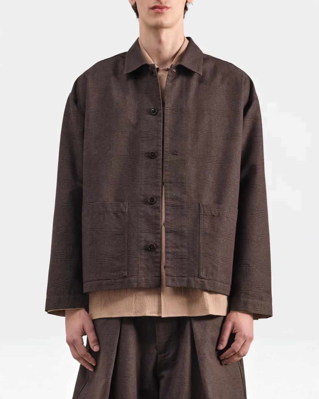 Surchemise Merci Paris YMC marron en jacquard de coton mélangé avec motif Prince de Galles et poches plaquées