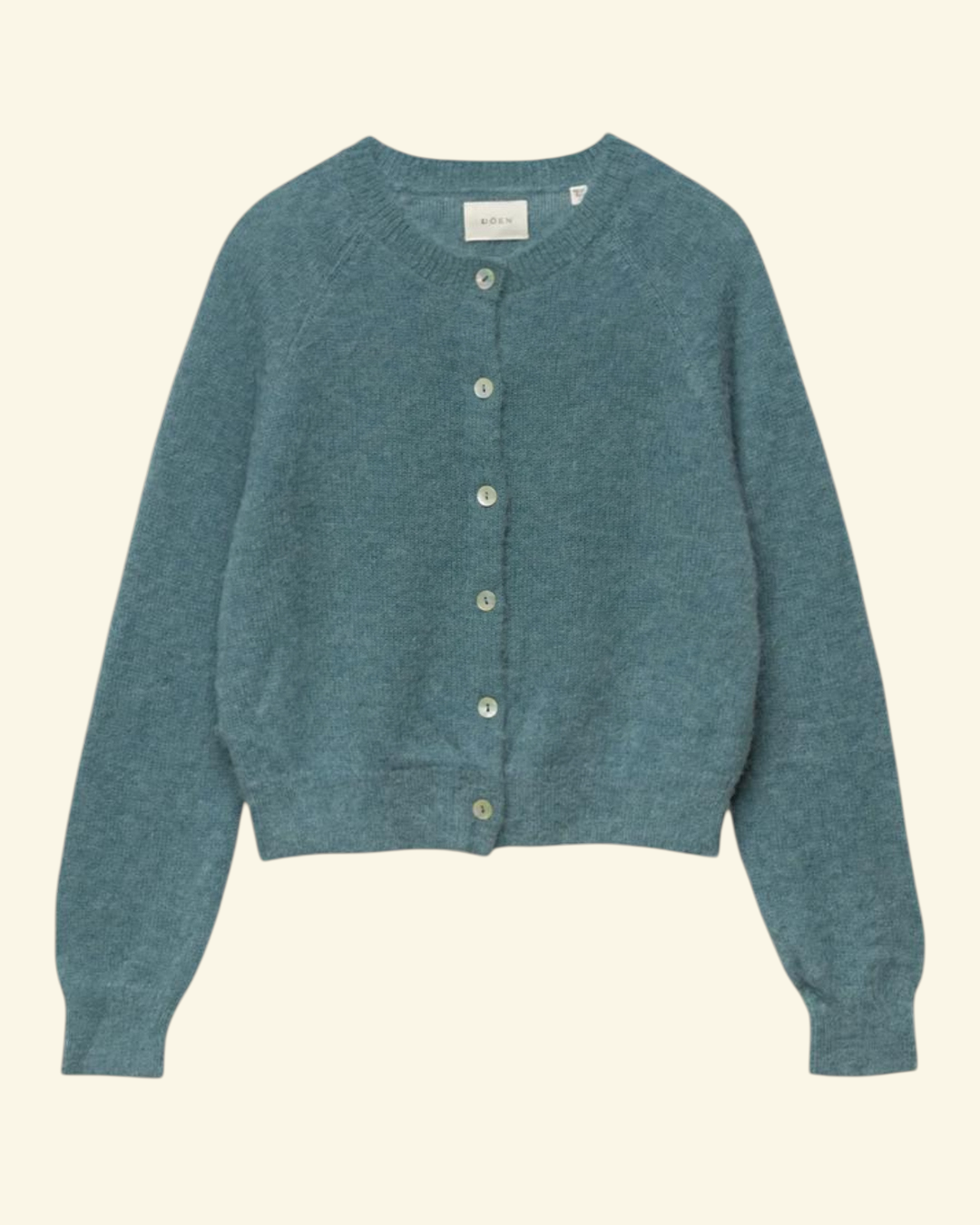 Cardigan bleu Dôen Petra in alpaca and merino wool blend with shell buttons and ribbed finishes