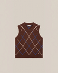 Pull sans manches Merci Paris Moismont Eddy en maille d'alpaga marron avec motif arlequin bleu et blanc