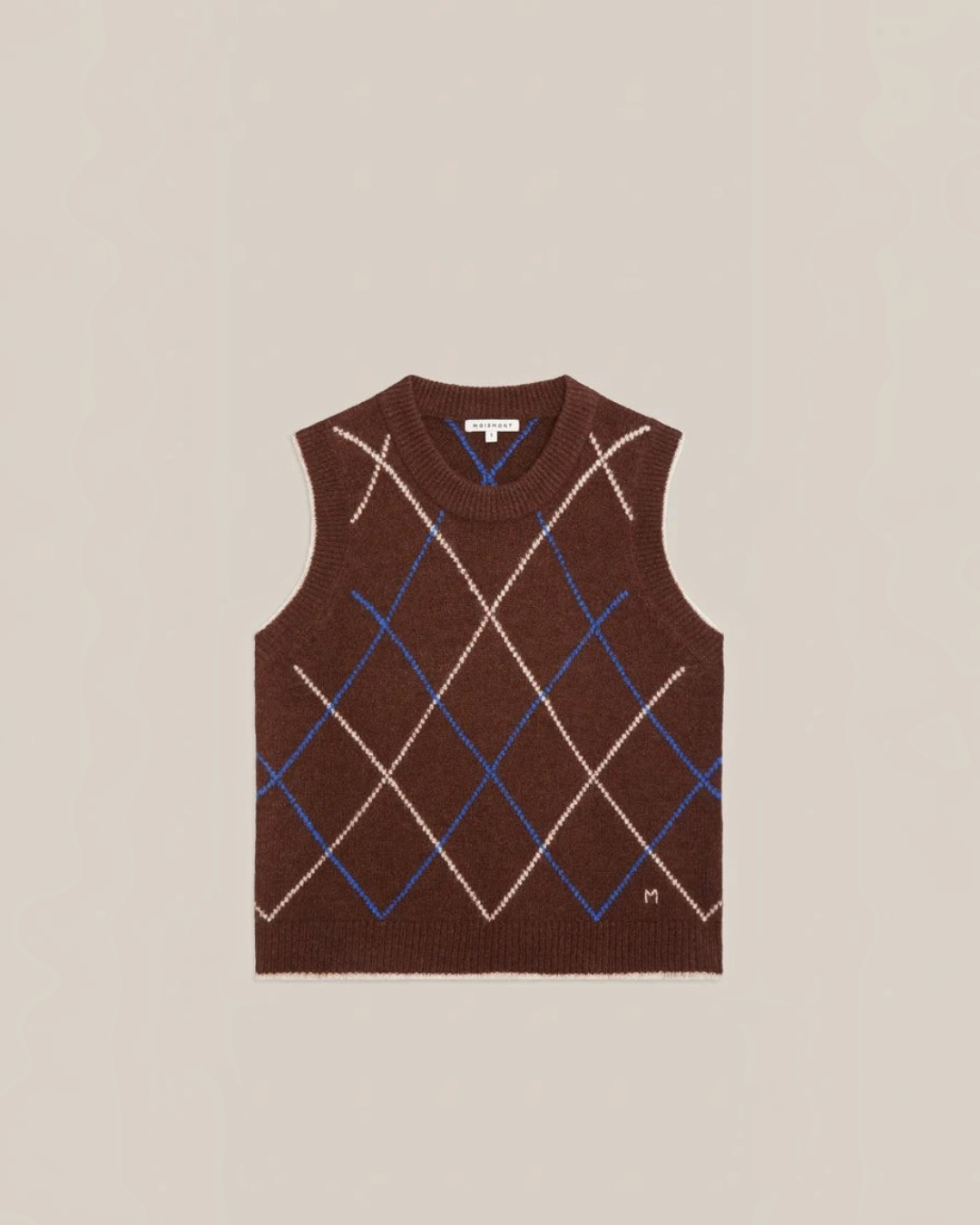 Pull sans manches Merci Paris Moismont Eddy en maille d'alpaga marron avec motif arlequin bleu et blanc