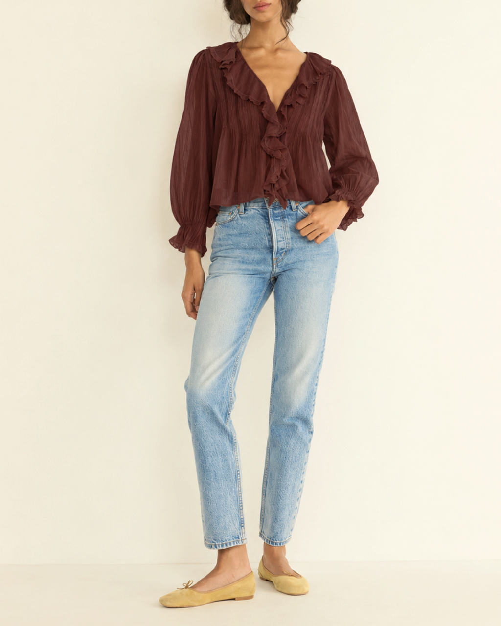 Model wearing the Hardy red shirt Merci Paris in organic cotton voile with ruffles and long sleeves