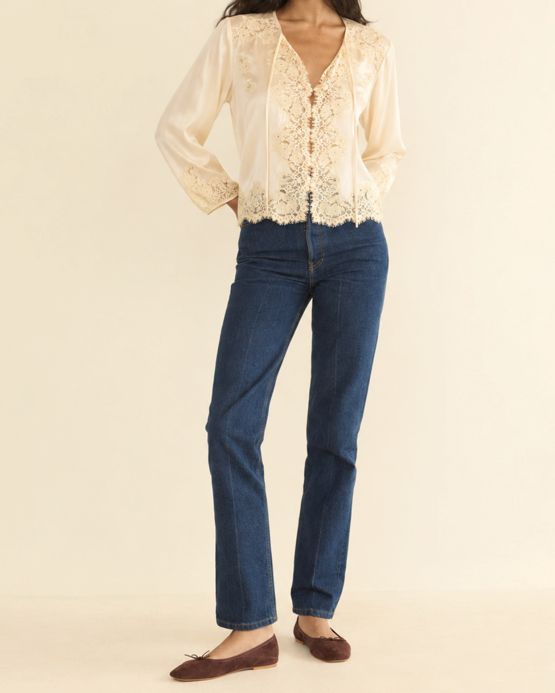 Lucine blouse Merci Paris in ecru silk with delicate lace details worn by a woman