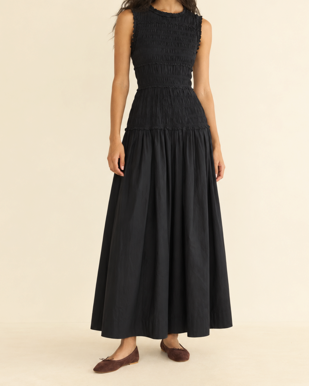 Black midi dress Merci Paris Dôen in organic cotton with fitted smocked bust and full gathered skirt