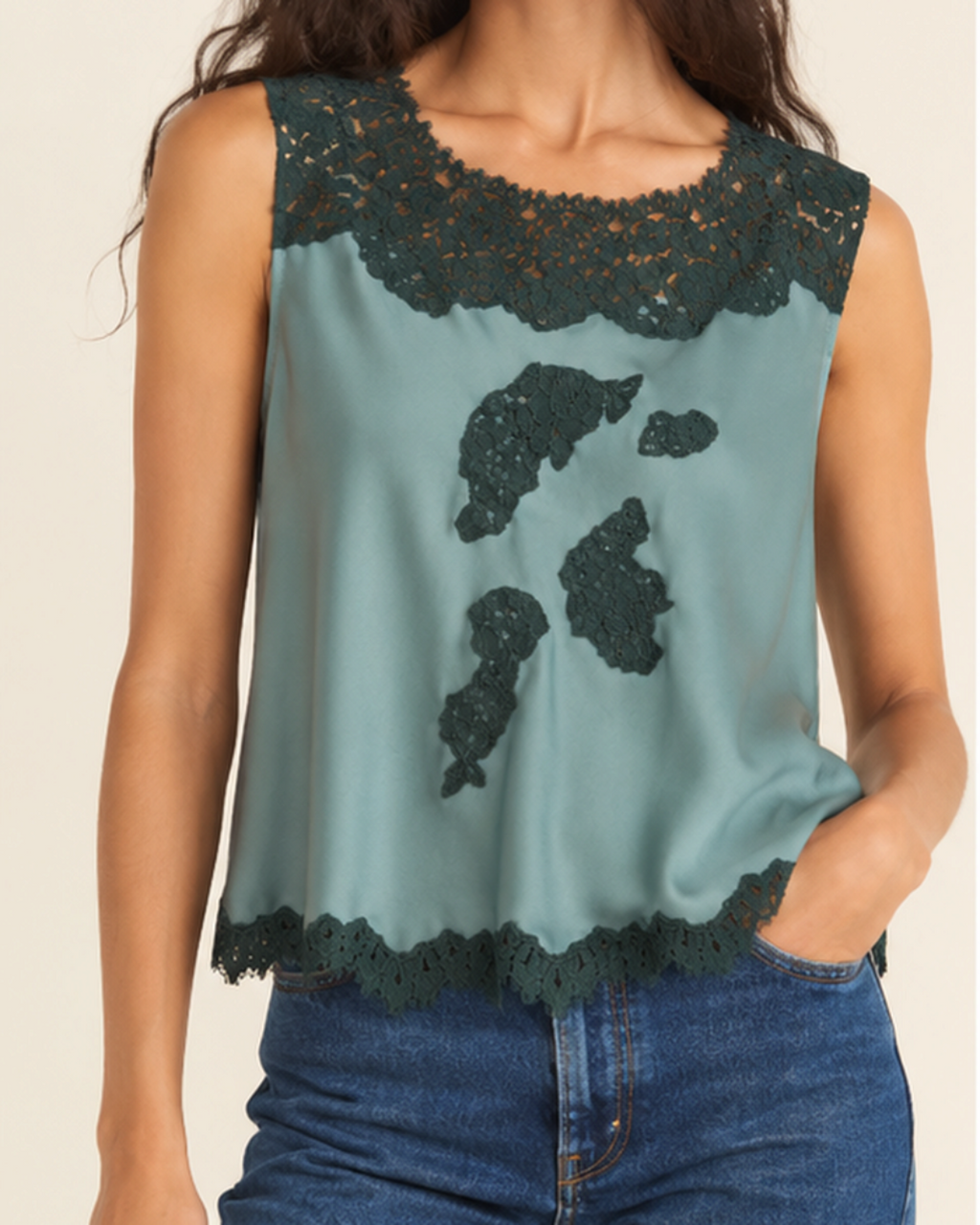Top Merci Paris Dôen Green Valerina in silk satin with dark floral lace details and flared cut